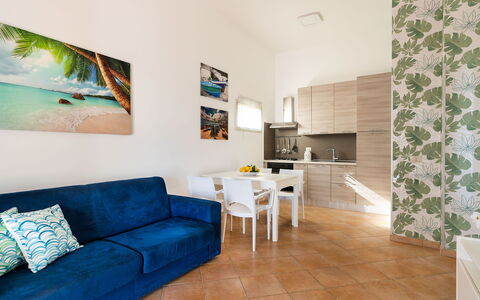 Feriebolig Euthalia: Frokostlokale, Køkken, Stue